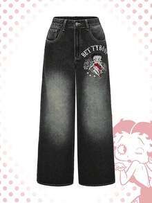 Betty Boop | ROMWE Pattern Embroidered With Gothic Cross & Vine Rose Distressed Wash Oversized Straight Leg Extra Long Y2K Jeans - Black - View 8