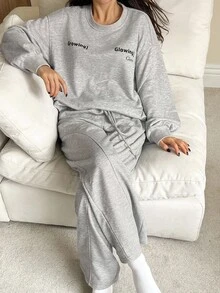 DAZY 女士字母印花装饰宽松运动衫睡衣套装，秋冬装，秋季服装，舒适服装 - 灰色 - 查看 6