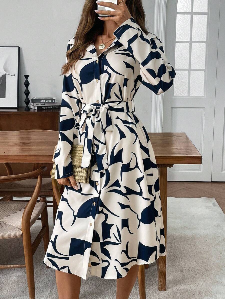 EMERY ROSE Váy midi họa tiết hình học, tay dài, hàng khuy đơn giản dành cho nữ, mùa thu - Nhiều màu - Xem 1