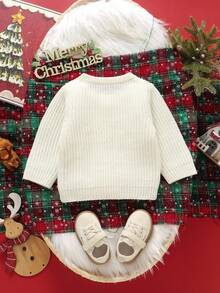 1 Stück Elfenbein Kleinkind Weihnachts-Atmosphäre Pullover, Rundhals Pullover Langarm, Schleife, Blumenkranz & Buchstaben Stickerei, modischer Strick-Top - Weiss - Übersicht 2