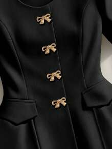 SHEIN Clasi Halloween Black High-End Unique Elegant Gold Metal Bow Single-Breasted Elegant Party Women Short Sleeve Blouse - Black - View 5