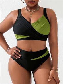 Slaydiva 2pcs Plus Size Women's Black And Pink Cut-Out Ruched Tankini Swimsuit Set, For Summer Beach Holiday - Olive Green - View 3