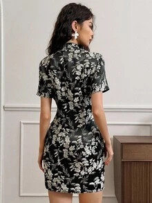 EastFlair Women's Floral Print Short Sleeve Mini Dress Fall Clothes For Women Christmas Women's Clothing Formal Dress Dress   Chinese Style Vintage Dress  Fall Clothes For Women Christmas Women's Clothing - Black - View 6