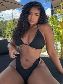 Alexandranx Bộ bikini ren cao cấp gợi cảm màu trơn cho nữ, đi nghỉ - màu đen - Xem 1