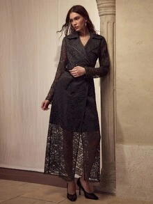 MOTF DOUBLE-BREASTED CONTRAST LACE TRENCH COAT - Grey - View 5