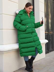 RueChic Rozmiar Plus Puszysta lamówka  Suwak Z Kapturem Płaszcz puchowy