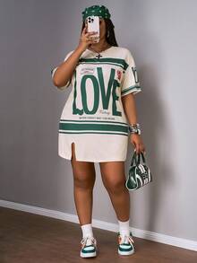 Slaydiva Plus Size Early Spring Vacation Casual Pink Side Slit Drop Shoulder Short Sleeve Dress