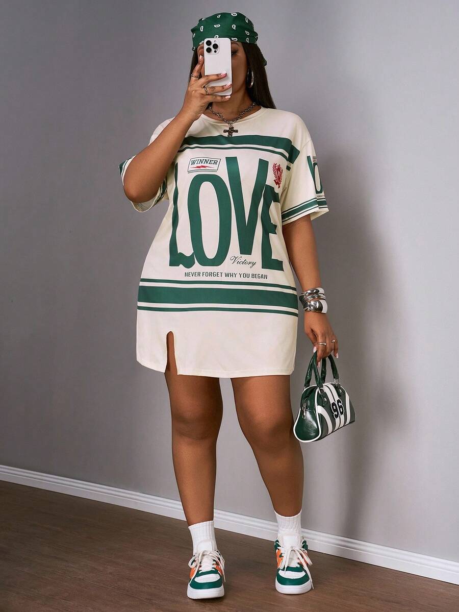 Slaydiva Plus Size Early Spring Vacation Casual Pink Side Slit Drop Shoulder Short Sleeve Dress