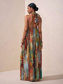 Zivah 2025 夏季女士服装/秋季女士服装/音乐节/海滩度假女士通勤工作连体裤/优雅挂脖露背扭纹阔腿花卉印花连体裤/波西米亚风女装/ - 彩色 - 查看 2