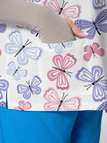 PopScrub Plus Size Butterfly Print V-Neck Short Sleeve Uniform Top - Multicolor - View 4