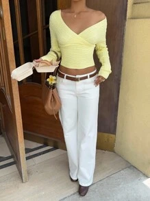 SHEIN Unity Suéter ajustado y corto de punto retorcido de unicolor y sexy - Amarillo - Ver 6