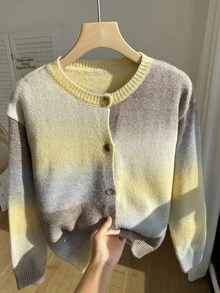 Minimalist Fashion Gradient Yarn Crew Neck Long Sleeve Knit Cardigan - Yellow - View 5