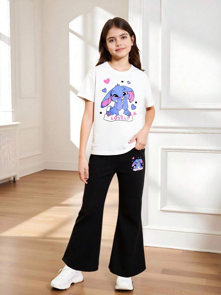 Tween Girl Lovely Bunny Print Short Sleeve White T-Shirt & Black Knit Skinny Bellbottom Pants 2pcs Cute Set Bunny Print Outfit Summer Outfit Girls - White - View 1