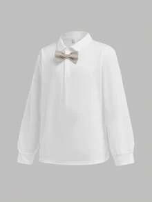 SHEIN 青少年男孩三件套休闲装：长袖衬衫、背心和裤子套装。百搭绅士西装，适合圣诞节、居家、通勤、上学、日常休闲、度假、户外、派对、秋冬 - 杏色 - 查看 4