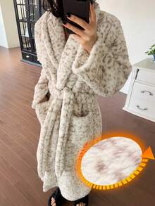 DAZY Women's Leopard Print Mid-Length Lapel Collar Flannel Robe, Winter, Fall Fluffy Pajama, Cozy - Beige - View 3