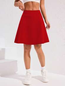 Easithlete 高腰运动裙带口袋，瑜伽跑步健身防擦伤裙 - 紅色 - 查看 6