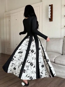 Feyla 女式系带领镂空花卉嵌花喇叭下摆连衣裙 - 黑色 - 查看 3