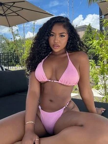 Alexandranx Bikini de 2 piezas para mujer con top de cuello de halter y Bottom con lazo en la espalda, color rosa - Rosa - Ver 5