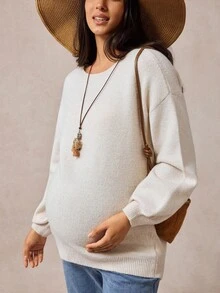 Boho Mama 孕妇宽松纯色圆领落肩长袖休闲毛衣，秋季 - 卡其色 - 查看 5