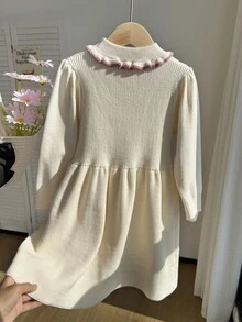 SHEIN Young Girl' Pink Round Neck Ruffle Hem Solid Color Long Sleeve A-Line Dress - Apricot - View 2