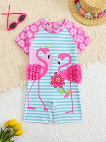 Young Girl Flamingo & Flower Print Ruched Trim Striped Sleeveless Romper Swimsuit, Suitable For Beach, Swimming And Holiday Wear - Multicolor - View 5