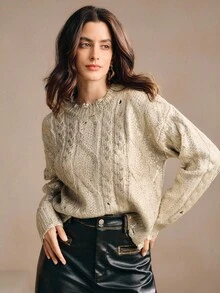 Anewsta Sweater Leher Bulat Motif Telinga Gandum Klasik Elegan dan Kasual, Cocok untuk Musim Gugur/Musim Dingin, Natal, Tahun Baru, Pesta - Perunggu - View 5