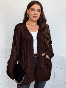 EURMUSE Áo khoác cardigan dệt kim tay dài dáng rộng họa tiết dây cáp thường ngày cho nữ cỡ lớn, dáng rộng, cài một hàng khuy, mùa thu - màu nâu - Xem 5