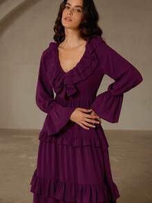 GENKIRA Purple Palace Style Long Dress, V-Neck With Ruffle Collar And 3-Layer Ruffle Hem, Ethereal Outfit For Spring Gala And Manor Evening Party - Purple - View 2