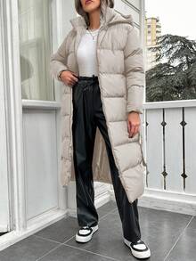 EURMUSE 女士纯色长袖连帽休闲棉服外套，冬季 - 駝色 - 查看 5