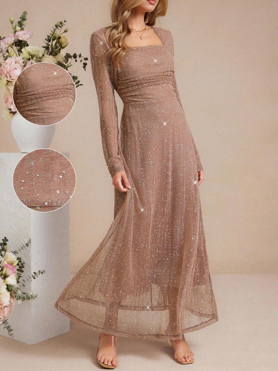 Amorya 女士方领长袖亮片针织修身优雅中长连衣裙，灰色/粉色，适合日常穿着、派对、春夏季 - 粉色 - 查看 1