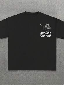 Manfinity Dauomo 男士樱桃印花圆领短袖休闲百搭T恤，夏季 - 黑色 - 查看 2