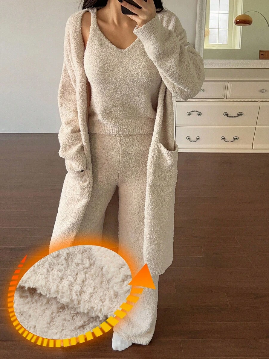 DAZY 3 件套女士简约针织纯色长外套、背心和裤子家居服套装，冬季、秋季衣服睡衣，舒适服装 - 杏色 - 查看 1