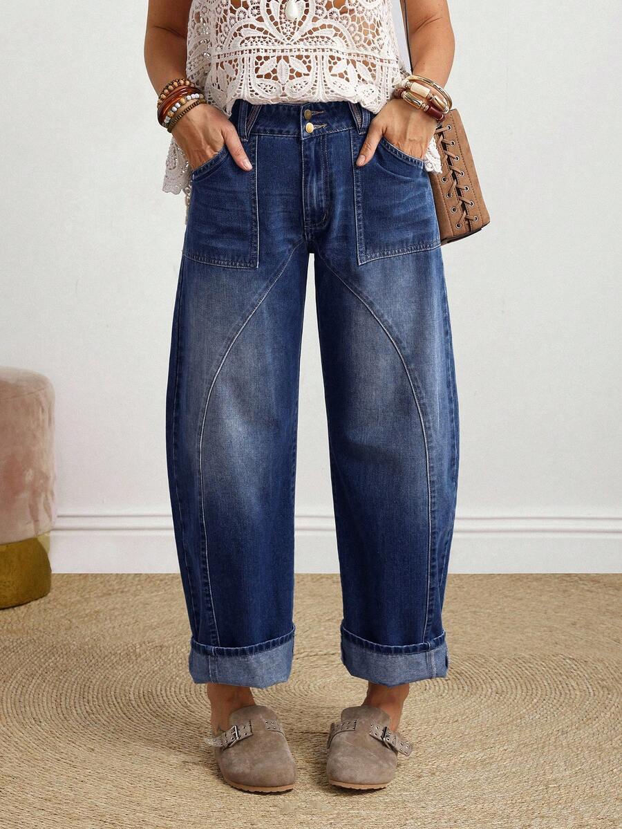 EMERY ROSE 女式口袋喇叭休闲宽松牛仔裤 - 深色水洗藍 - 查看 1