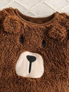 SHEIN Pelele de manga larga con cuello redondo, de tela esponjosa con bordado de oso de dibujos animados, para niños pequeños, adecuado para uso diario, interior y exterior, otoño/invierno