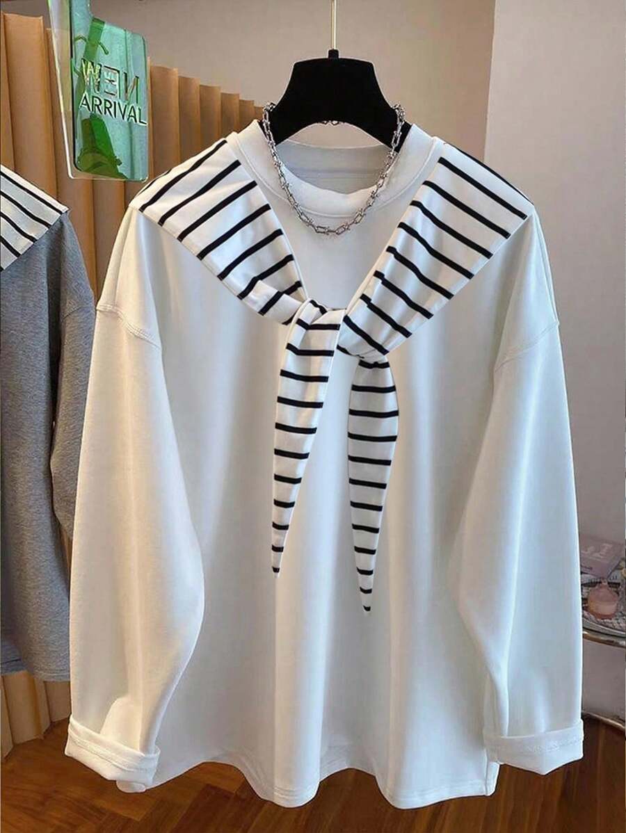 SHEIN Women's Casual Loose Fit Crew Neck Long Sleeve Sweatshirt, Versatile Fall Cloth For Women - White - View 1