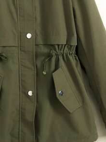 SHEIN 秋冬季青少年女孩休闲军绿色宽松连帽抽绳可调节腰部派克大衣 - 軍綠色 - 查看 13