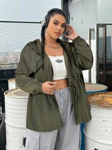 SHEIN EZwear 大码女式纯色抽绳腰连帽夹克 - 軍綠色 - 查看 4