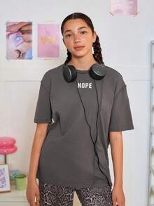 SHEIN Leap Crew Teen Girl Knitted Drop Shoulder Casual Short Sleeve T-Shirt With Letter Print - Grey - View 10