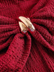 SHEIN MOD Off-Shoulder Metal Button Decor Criss-Cross Waist Jacquard Knit Burgundy Dress - Burgundy - View 3