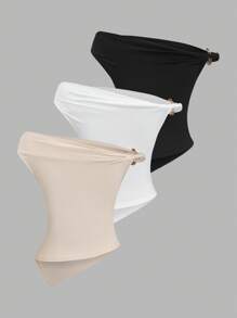 Sweetra 女式夏季欧式纯色三件套，金属装饰扭纹下摆不对称下摆修身休闲日常通勤百搭 T 恤 - 彩色 - 查看 2