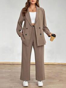 SHEIN Clasi 大码休闲通勤条纹夹克和裤子套装 - 咖啡棕 - 查看 4