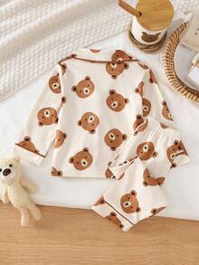 2pcs Toddler Boys Cute Casual Cartoon Bear Print Zip-Up Long Sleeve Top And Pants Homewear Set, Light Apricot Fall Winter - Multicolor - View 2