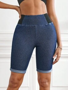 Flexra Damskie letnie, swobodne, obcisłe szorty jeansowe z wysokim stanem i mankietami u dołu - Ciemny jeans - Zobacz 4