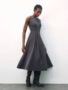 Maija Women's Zipper Half Placket Striped Round Neck Sleeveless Pleated Dress,Chic Dress ,Autumn Clothes - Dark Grey - View 1