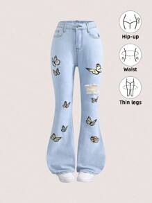 2025年秋冬少女蝴蝶印花破洞喇叭牛仔裤 - 淺色水洗藍 - 查看 8