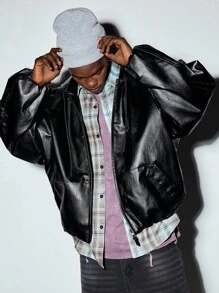 MODCRASH Men's Fashion Loose Short Hooded Pu Leather Jacket, Boxy Clothing, Fall, Streetwear Jacket - Black - View 4