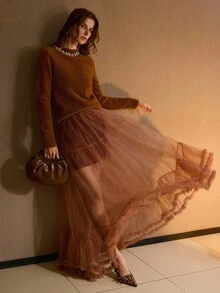 MOTF PREMIUM CONTRAST MESH RUFFLE HEM SKIRT - Rust Brown - View 1