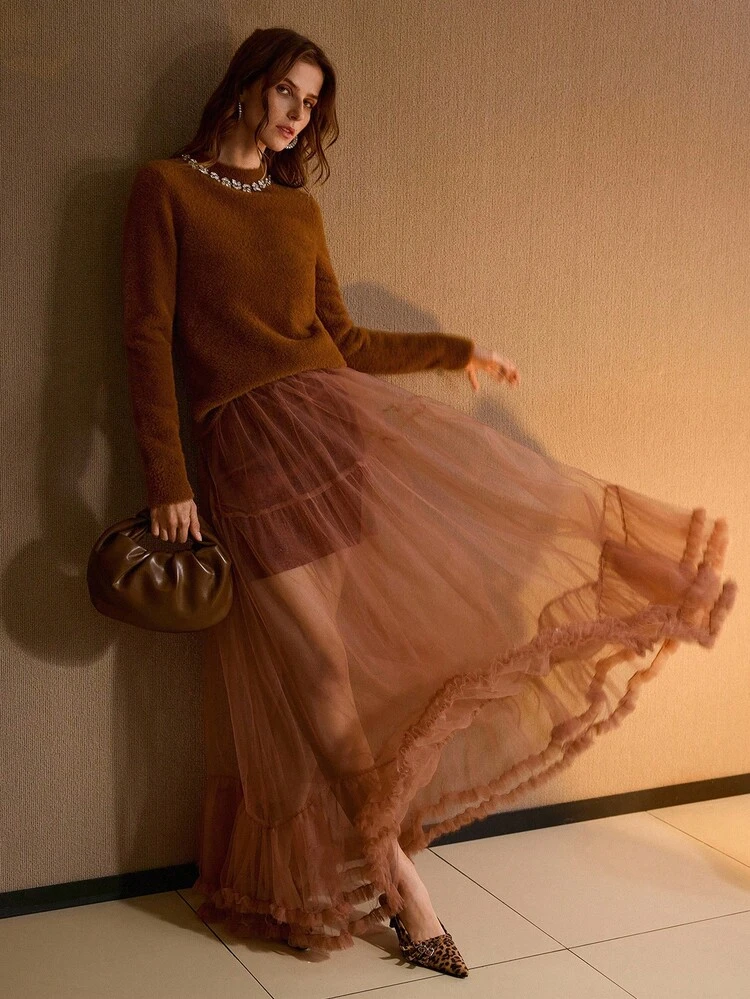 CONTRAST MESH RUFFLE HEM SKIRT