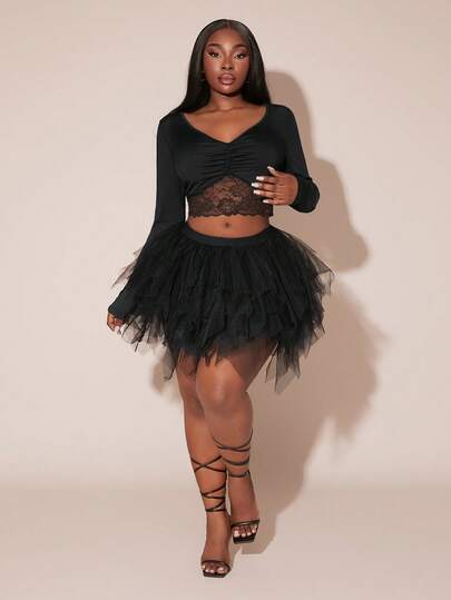 SHEIN SXY Plus Size Women Multi-Layered Ruffle Tulle Skirt, Black Mesh Skirt, Suitable For Date Night, Birthday, Bachelorette Party, Cute, Casual, Shopping, Streetwear, Going Out, Flirty, Easy To Match & Looks Slim, Accentuates Your Body, Flatters The Figure