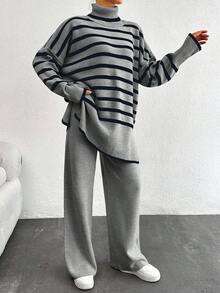 SHEIN Tall 女款條紋高領蝙蝠袖毛衣與純色長褲兩件套，適合高個女性 - 彩色 - 查看 3
